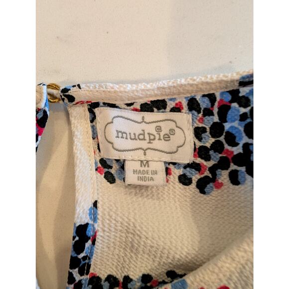 Mudpie Ruffle Sleeve Blouse M Cream Blue Red Dotted Stripe Textured Boho Top - Picture 3 of 7